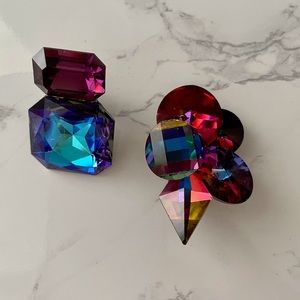 Vintage Blue & Purple Crystal Glass Clip Earrings Contrasting Unique Design